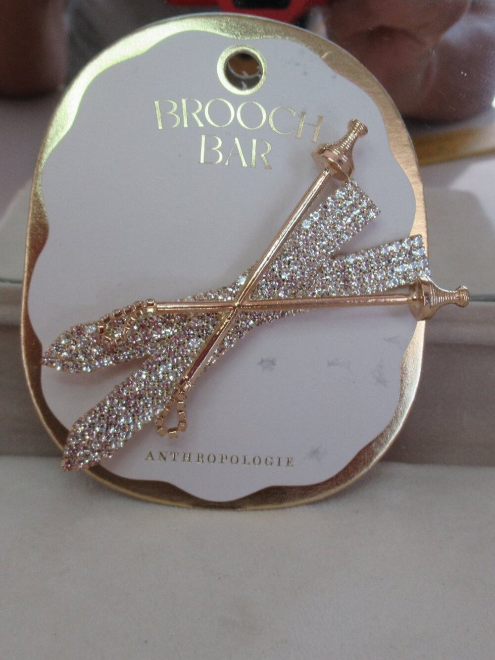 Anthropologie Rhinestone Skis Sports Icon Pin Brooch Gold Plated Brass New 3" L